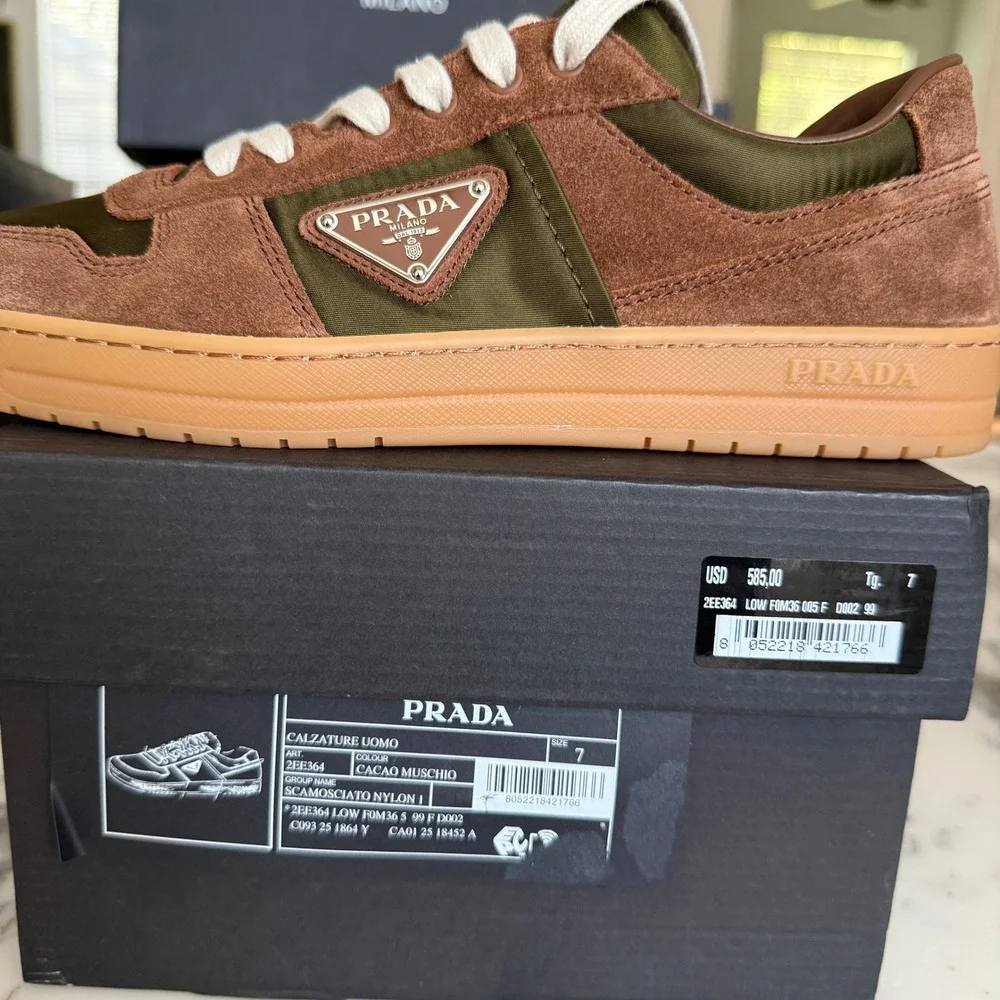 Prada Milano 2EE364 Men Brown/Green Suede Fabric Downtown Sneakers shoes UK‎ 7